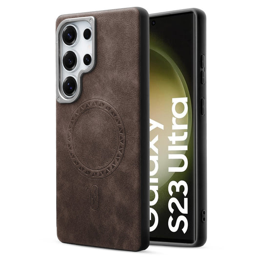 Alloy Camera Ring Faux Leather Back Case for Samsung S23 Ultra 5G , Hard Shell with MagSafe Support