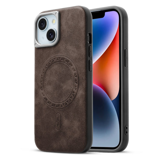 Alloy Camera Ring Faux Leather Back Case for Apple iPhone 14 , Hard Shell with MagSafe Support