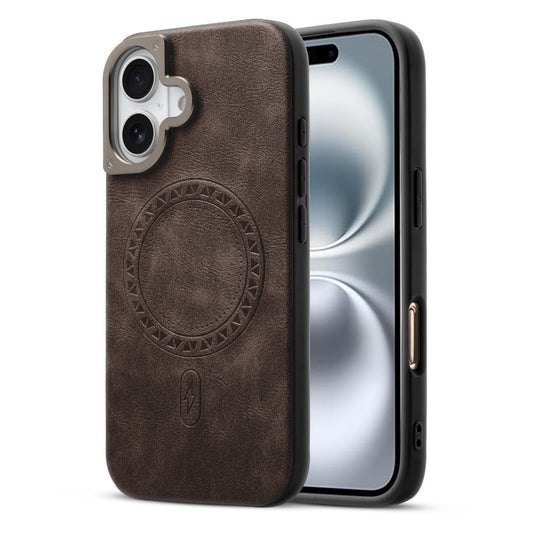 Alloy Camera Ring Faux Leather Back Case for Apple iPhone 16 , Hard Shell with MagSafe Support