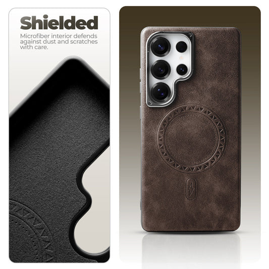 Alloy Camera Ring Faux Leather Back Case for Samsung S25 Ultra 5G , Hard Shell with MagSafe Support