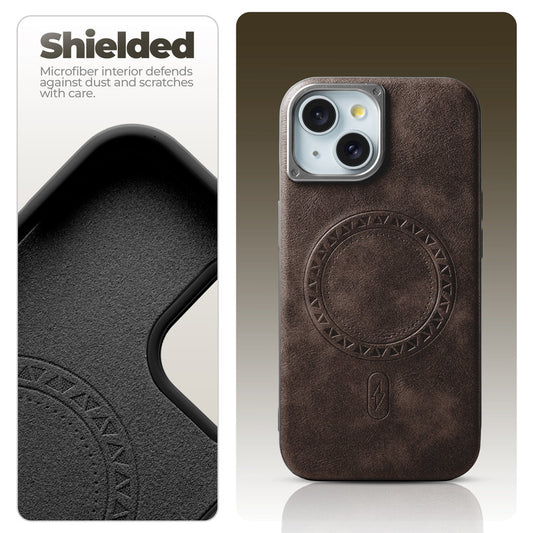 Alloy Camera Ring Faux Leather Back Case for Apple iPhone 15 Plus , Hard Shell with MagSafe Support