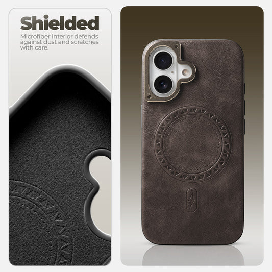 Alloy Camera Ring Faux Leather Back Case for Apple iPhone 16 , Hard Shell with MagSafe Support