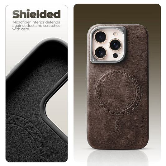 Alloy Camera Ring Faux Leather Back Case for Apple iphone 16 Pro Max , Hard Shell with MagSafe Support
