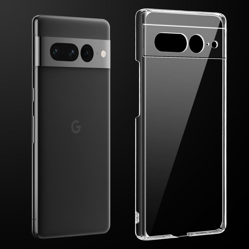 Transparent anti-yellow hard back case fitted on Google Pixel 7 Pro showing full back coverage and camera protection