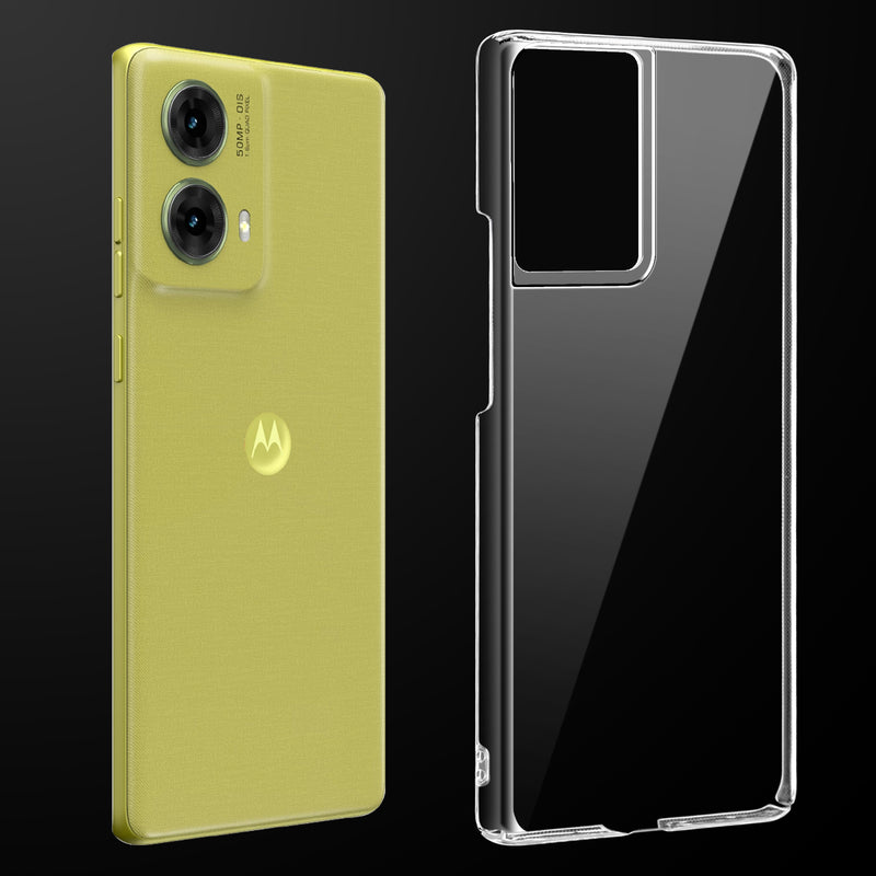 Transparent anti-yellow hard back case fitted on Motorola G85 5G showing full back coverage and camera protection