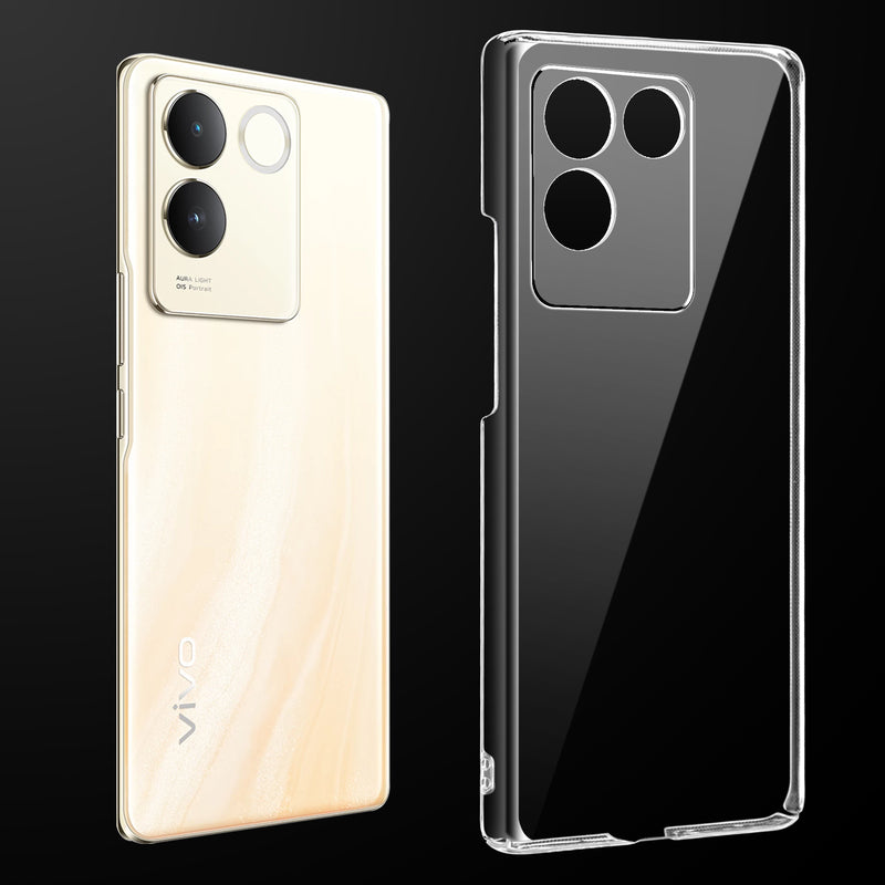 Transparent anti-yellow hard back case fitted on Vivo T2 Pro 5G showing full back coverage and camera protection