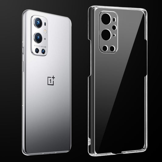 Transparent anti-yellow hard back case fitted on OnePlus 9 Pro 5G showing full back coverage and camera protection