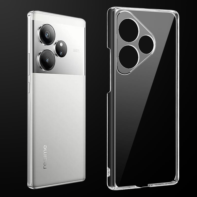Transparent anti-yellow hard back case fitted on Realme GT 6T 5G showing full back coverage and camera protection