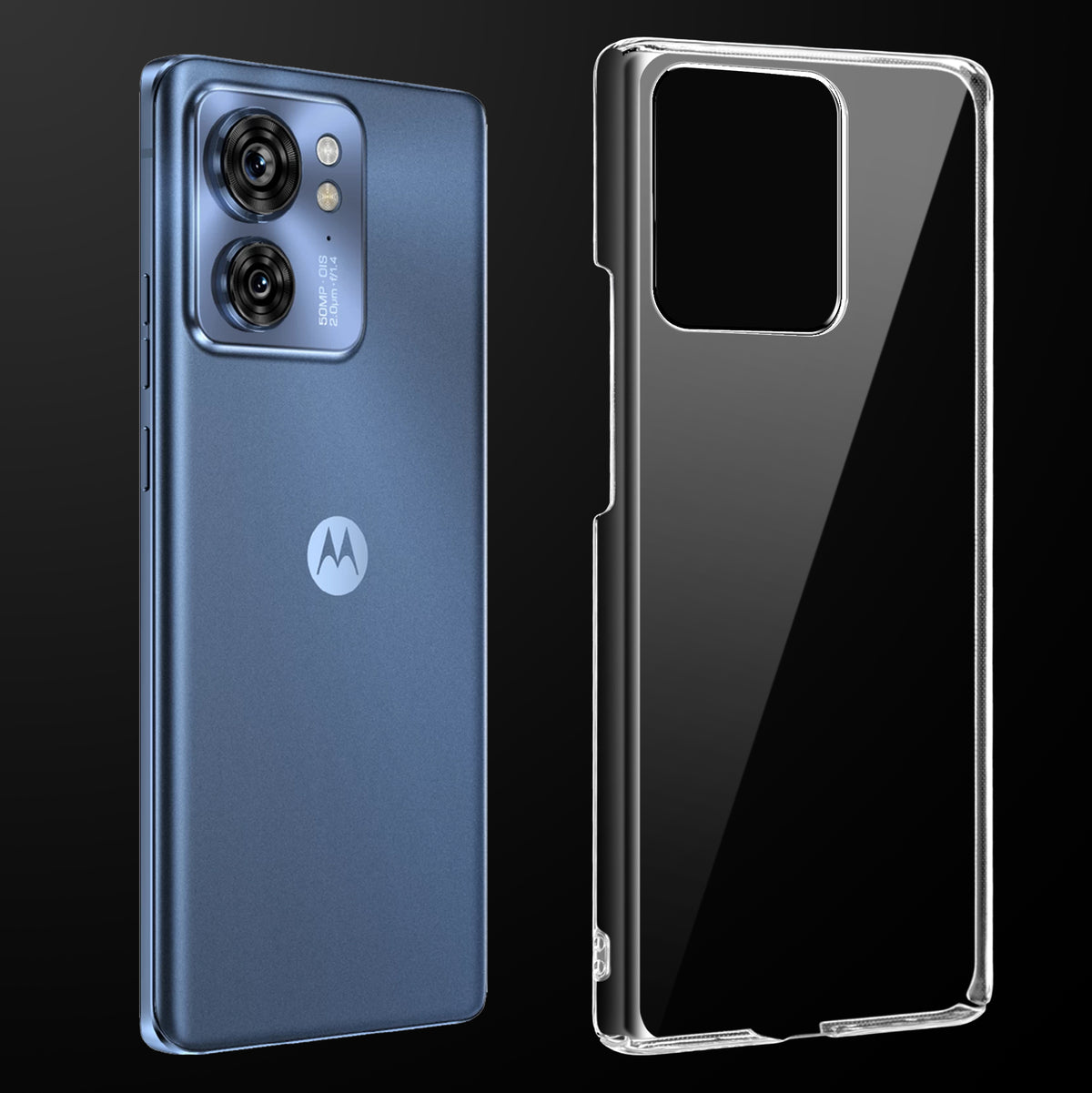 Transparent anti-yellow hard back case fitted on Motorola Moto Edge 40 5G showing full back coverage and camera protection