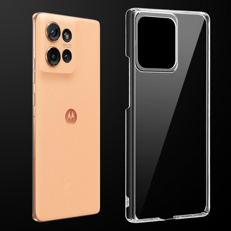 Transparent anti-yellow hard back case fitted on Motorola Moto Edge 50 5G showing full back coverage and camera protection