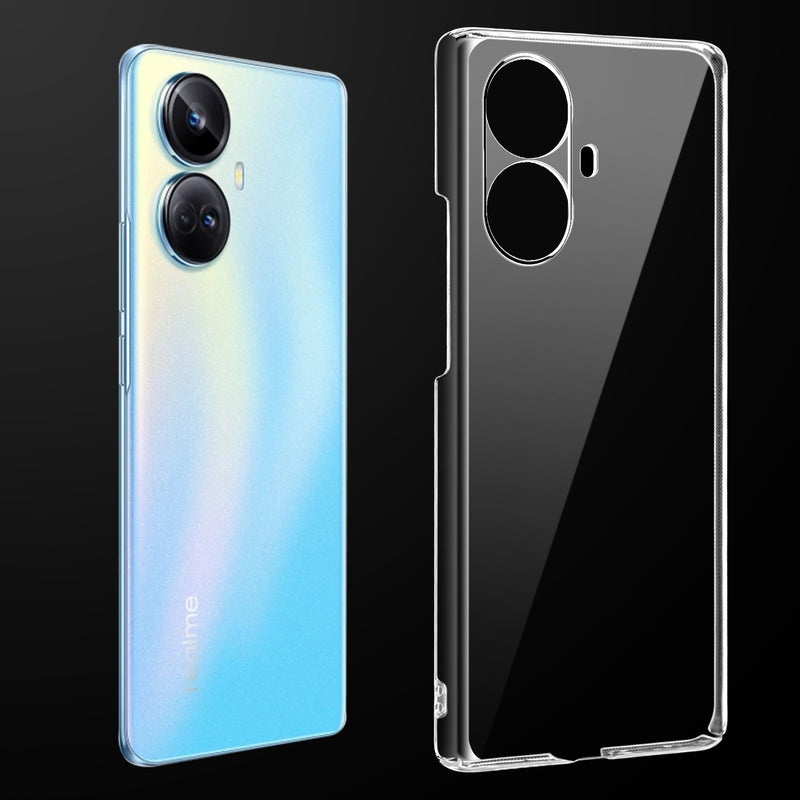 Transparent anti-yellow hard back case fitted on Realme 10 Pro Plus showing full back coverage and camera protection