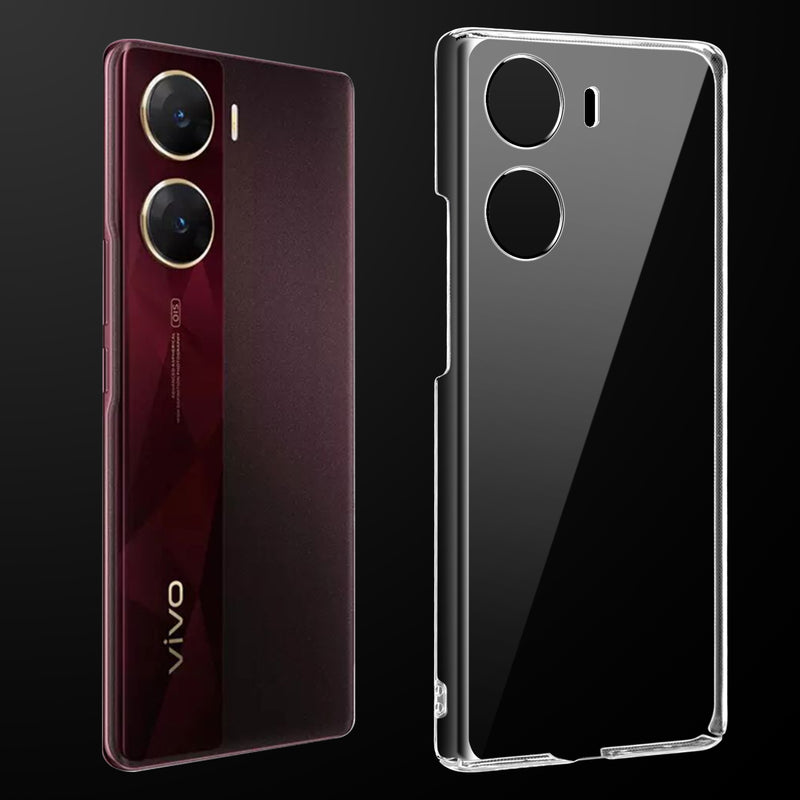 Transparent anti-yellow hard back case fitted on Vivo V29e 5G showing full back coverage and camera protection
