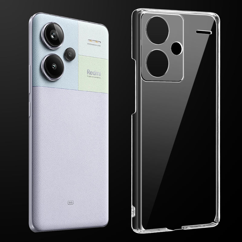 Transparent anti-yellow hard back case fitted on Redmi Note 13 Pro Plus 5G showing full back coverage and camera protection