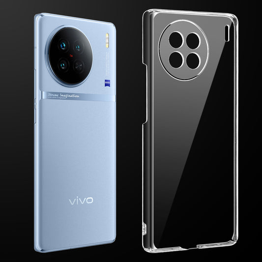 Transparent anti-yellow hard back case fitted on Vivo X90 5G showing full back coverage and camera protection