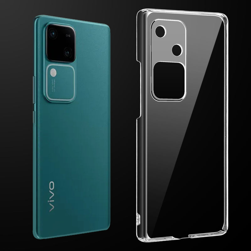 Transparent anti-yellow hard back case fitted on Vivo V30 5G showing full back coverage and camera protection