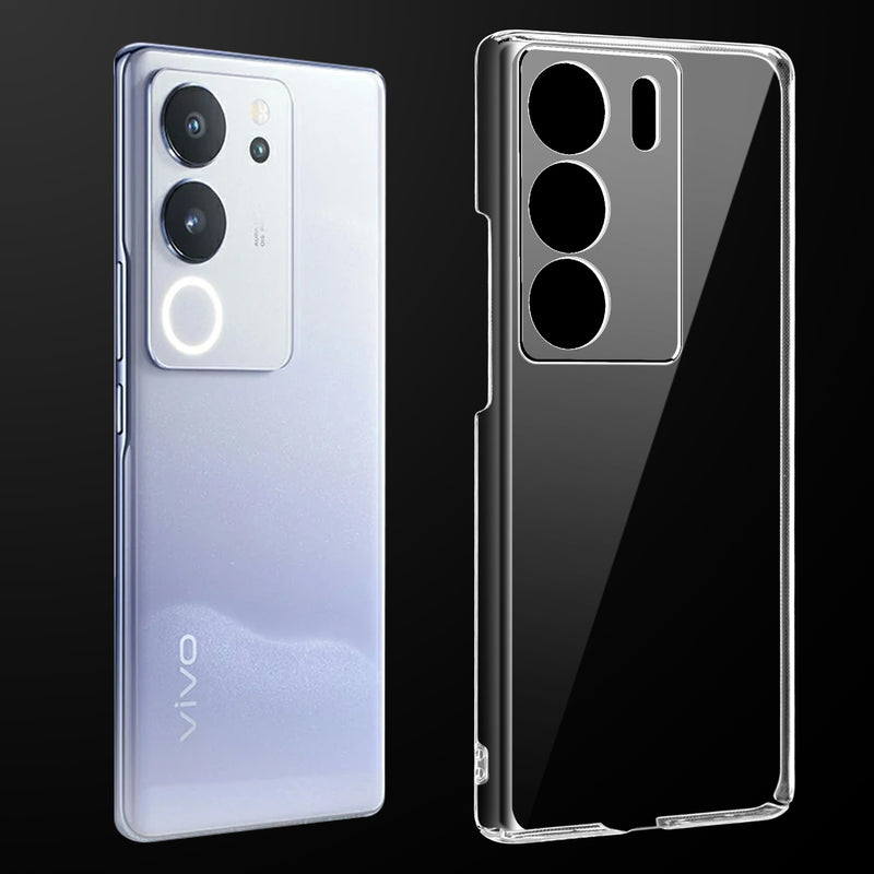 Transparent anti-yellow hard back case fitted on Vivo V29 Pro 5G showing full back coverage and camera protection