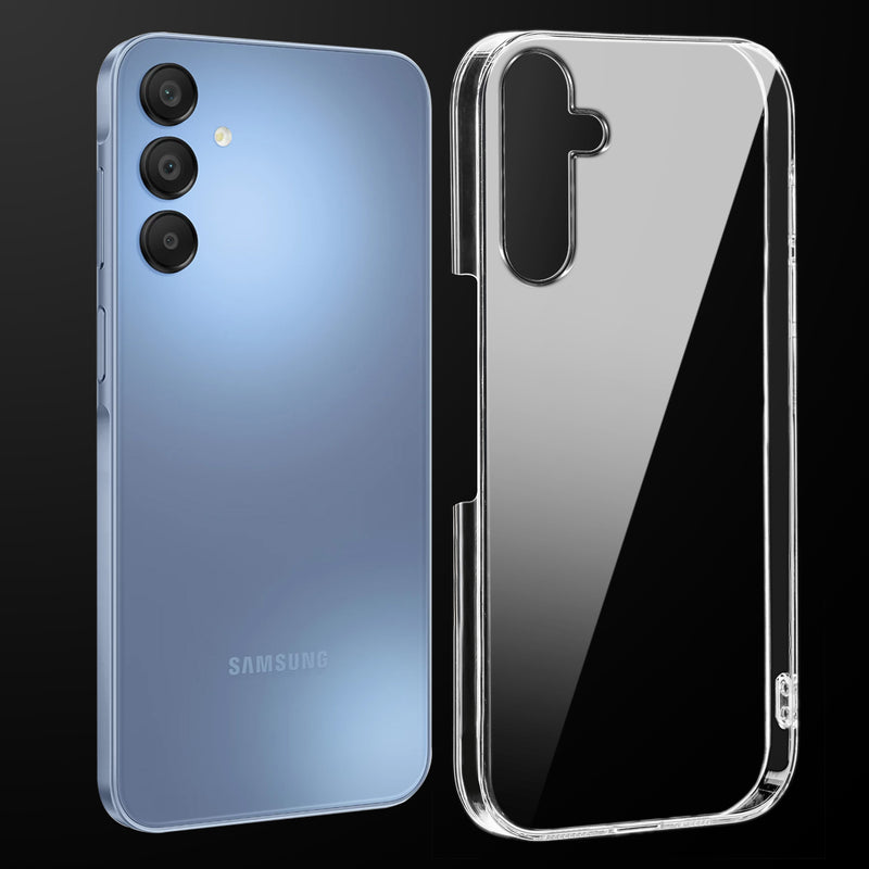 Transparent anti-yellow hard back case fitted on Samsung A15 5G showing full back coverage and camera protection