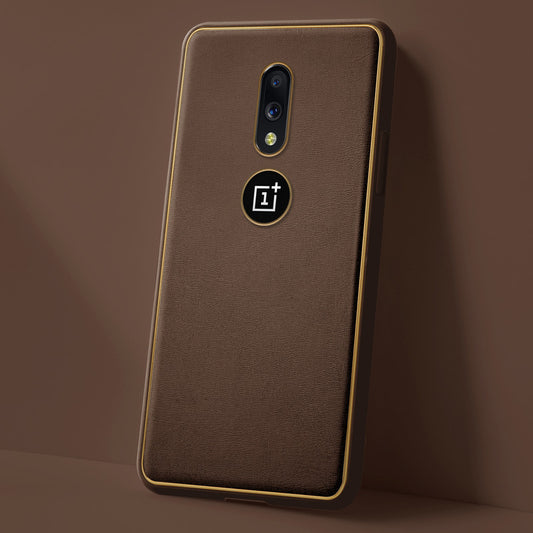 Electroplated Frame Leather Back Cover for OnePlus 7