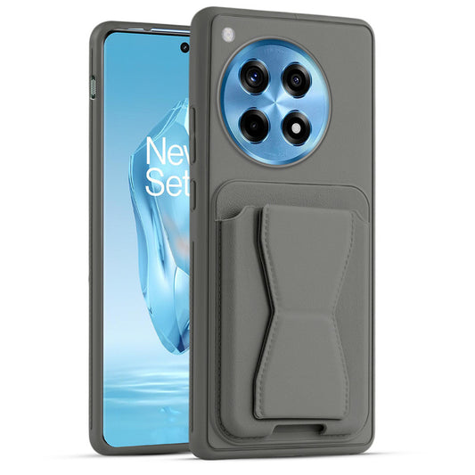 All in One Premium Leather Back Cover for OnePlus 12R 5G with Card Slot & Foldable Grip Holder