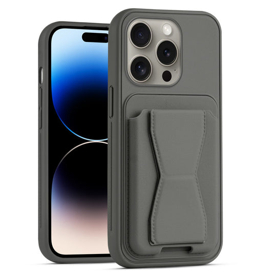 All in One Premium Leather Back Cover for Apple iPhone 14 Pro with Card Slot & Foldable Grip Holder