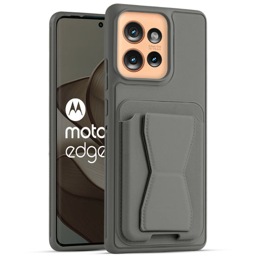 All in One Premium Leather Back Cover for Motorola Moto Edge 50 5G with Card Slot & Foldable Grip Holder
