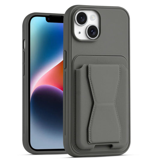 All in One Premium Leather Back Cover for Apple iPhone 14 with Card Slot & Foldable Grip Holder