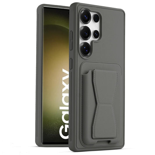 All in One Premium Leather Back Cover for Samsung S23 Ultra 5G with Card Slot & Foldable Grip Holder