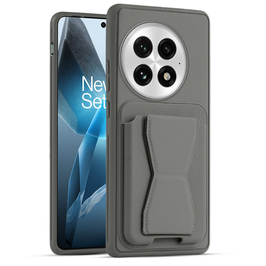 All in One Premium Leather Back Cover for OnePlus 13 5G with Card Slot & Foldable Grip Holder