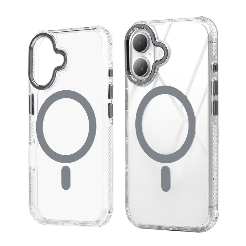 Premium Crystal Clear Hard Back Case For Apple iPhone 16 with Strong MagSafe Magnet & Colored Metal finish Ring Camera Protection