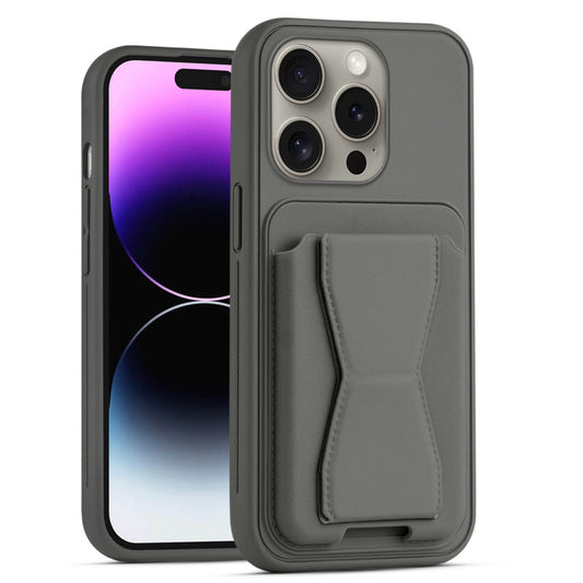 All in One Premium Leather Back Cover for Apple iPhone 14 Pro Max with Card Slot & Foldable Grip Holder