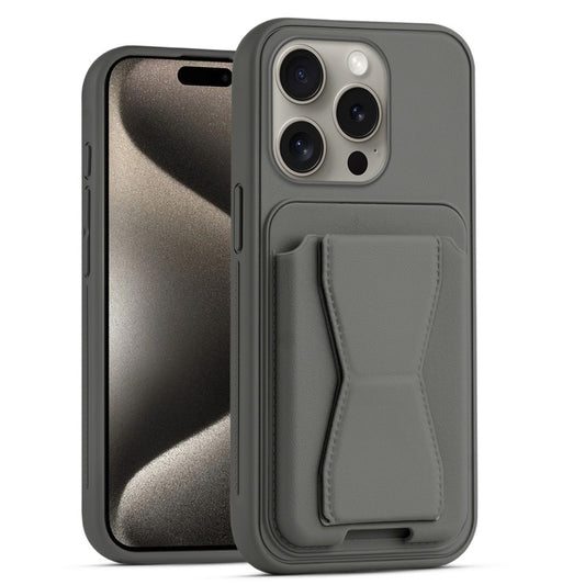 All in One Premium Leather Back Cover for Apple iPhone 15 Pro Max with Card Slot & Foldable Grip Holder