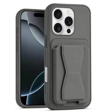 All in One Premium Leather Back Cover for Apple iphone 16 Pro Max with Card Slot & Foldable Grip Holder