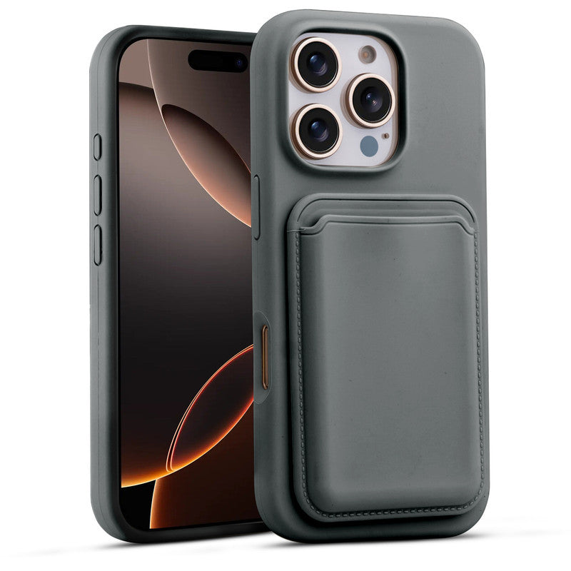 Silicon Magnetic Wireless Charging Back Case For Apple iPhone 16 Pro with Detachable Card Holder
