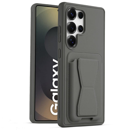 All in One Premium Leather Back Cover for Samsung S25 Ultra 5G with Card Slot & Foldable Grip Holder