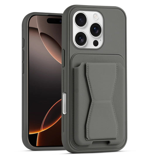 All in One Premium Leather Back Cover for Apple iPhone 16 Pro with Card Slot & Foldable Grip Holder