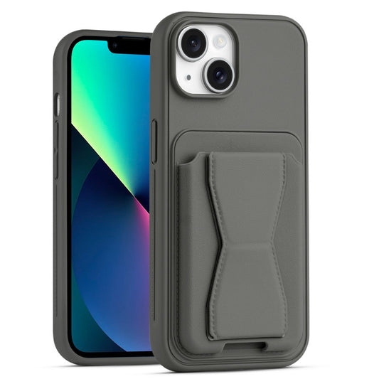 All in One Premium Leather Back Cover for Apple iPhone 13 with Card Slot & Foldable Grip Holder