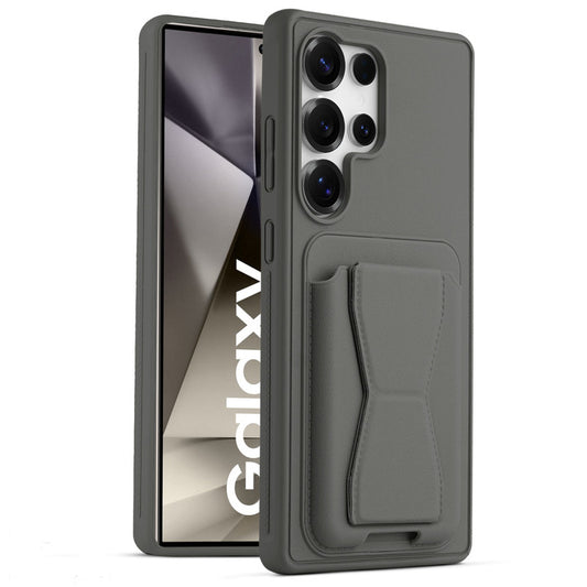 All in One Premium Leather Back Cover for Samsung S24 Ultra 5G with Card Slot & Foldable Grip Holder