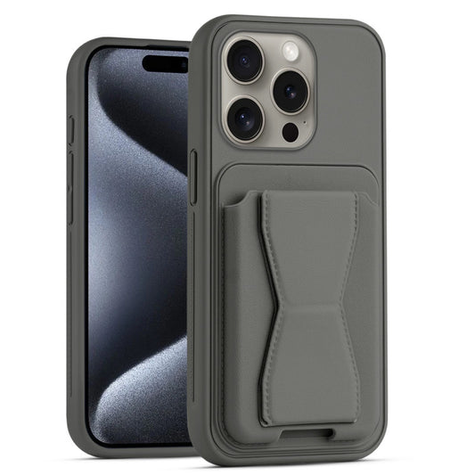 All in One Premium Leather Back Cover for Apple iPhone 15 Pro with Card Slot & Foldable Grip Holder