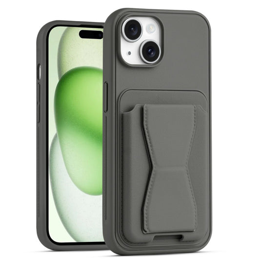 All in One Premium Leather Back Cover for Apple iPhone 15 Plus with Card Slot & Foldable Grip Holder