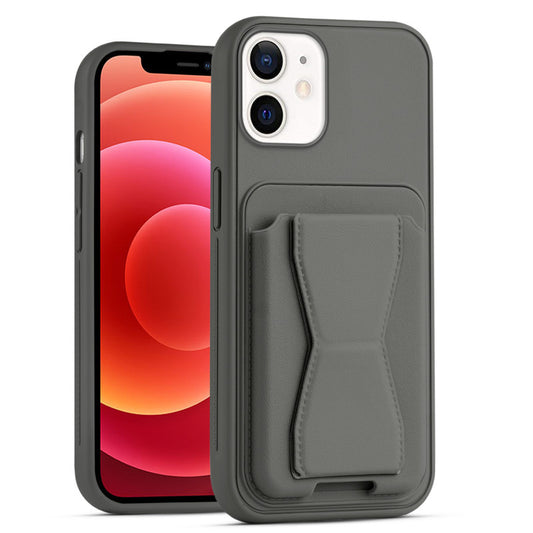 All in One Premium Leather Back Cover for Apple iPhone 12 with Card Slot & Foldable Grip Holder