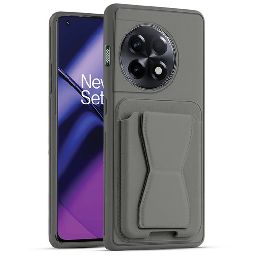 All in One Premium Leather Back Cover for OnePlus 11R 5G with Card Slot & Foldable Grip Holder