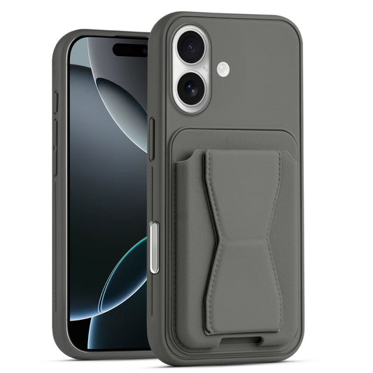 All in One Premium Leather Back Cover for Apple iPhone 16 with Card Slot & Foldable Grip Holder