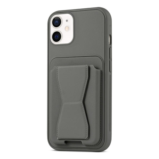 All in One Premium Leather Back Cover for Apple iPhone 12 with Card Slot & Foldable Grip Holder
