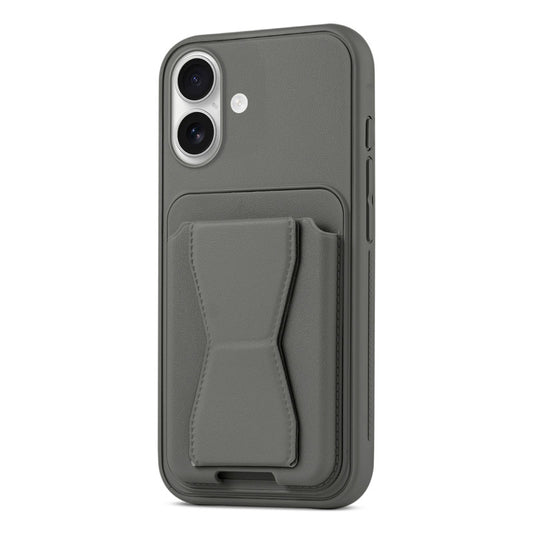 All in One Premium Leather Back Cover for Apple iPhone 16 with Card Slot & Foldable Grip Holder