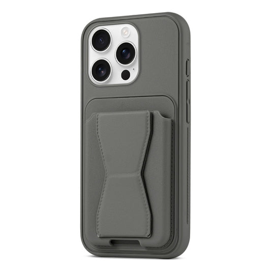 All in One Premium Leather Back Cover for Apple iPhone 16 Pro with Card Slot & Foldable Grip Holder
