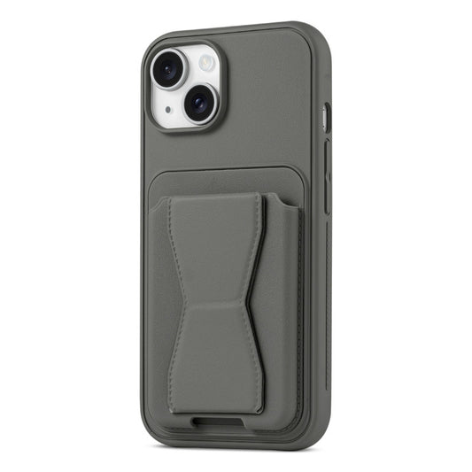 All in One Premium Leather Back Cover for Apple iPhone 15 with Card Slot & Foldable Grip Holder