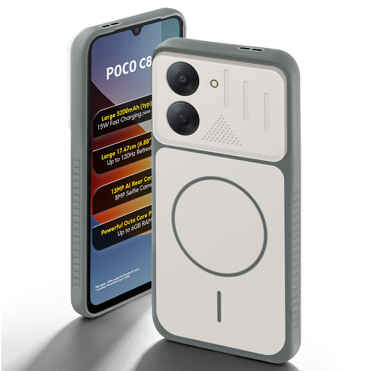 Dark Grey-White back cover for Poco C81x 4G with camera cut protection and ring design on back side.