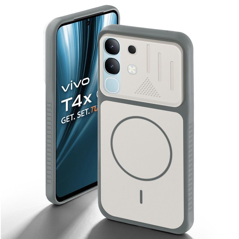 Dark Grey-White back cover for Vivo T4x 5G with camera cut protection and ring design on back side.