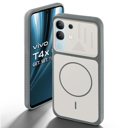 Dark Grey-White back cover for Vivo T4x 5G with camera cut protection and ring design on back side.