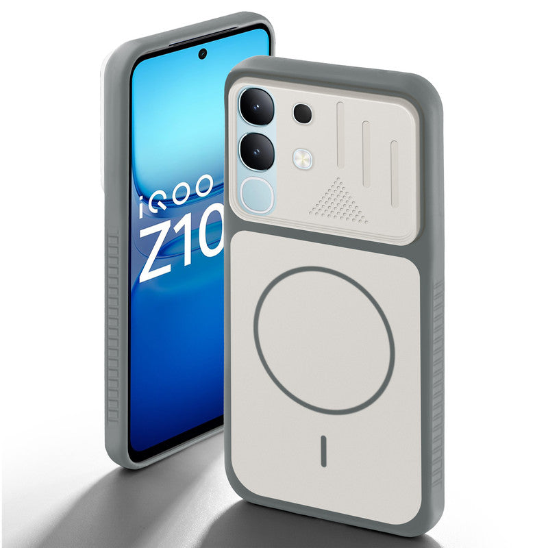 Dark Grey-White back cover for iQOO Z10X 5G with camera cut protection and ring design on back side.